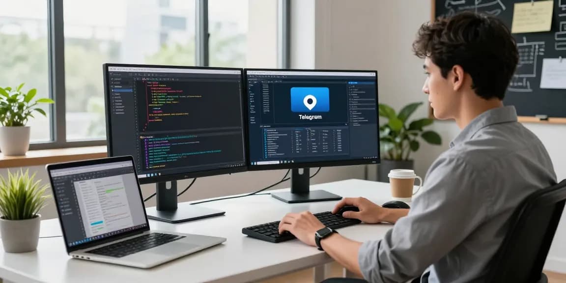 Developer setting up Telegram Chinese Version in a modern workspace.