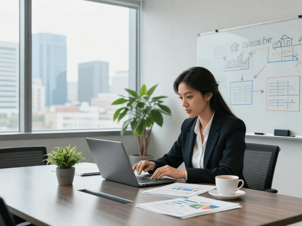 Zakelijk krediet voordelen in een moderne kantooromgeving met een zakelijke vrouw die financiële gegevens analyseert.
