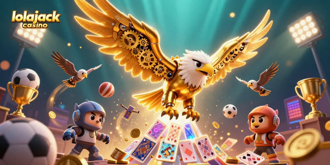Win big at lolajack casino with an action-packed 3D illustration of an eagle soaring through a casino-themed landscape.