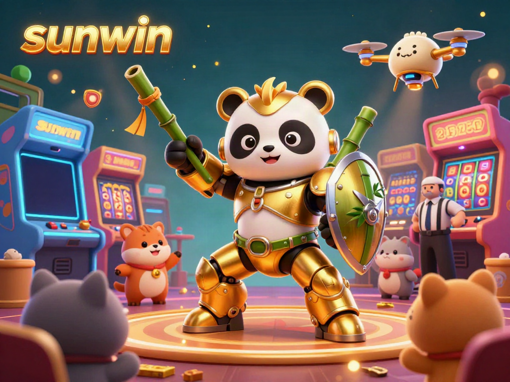 Engage with sunwin's gaming excitement in this vibrant 3D casino scene featuring characters and gambling elements.
