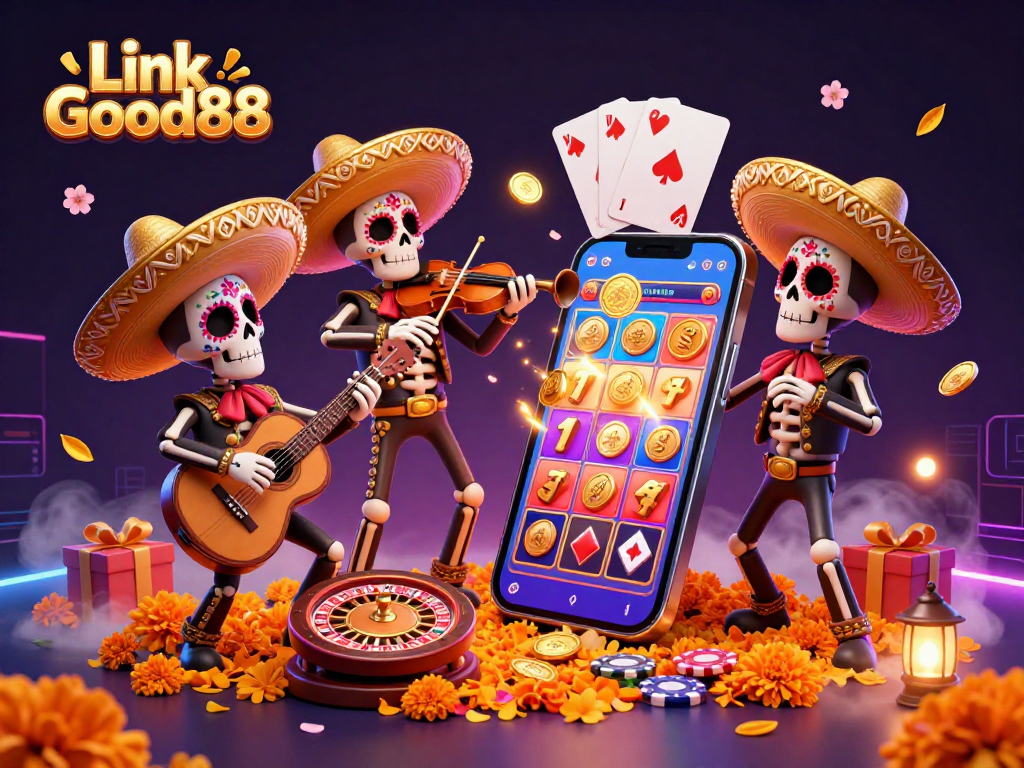 Spin the reels with Link Good88 in this vibrant illustration showcasing a mariachi band amidst casino elements.