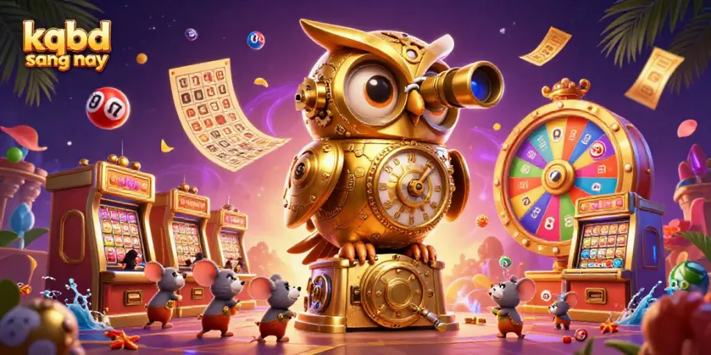 Experience the excitement of kqbd sang nay with our dynamic illustration of a golden owl and mice patrons amidst a vibrant casino scene.