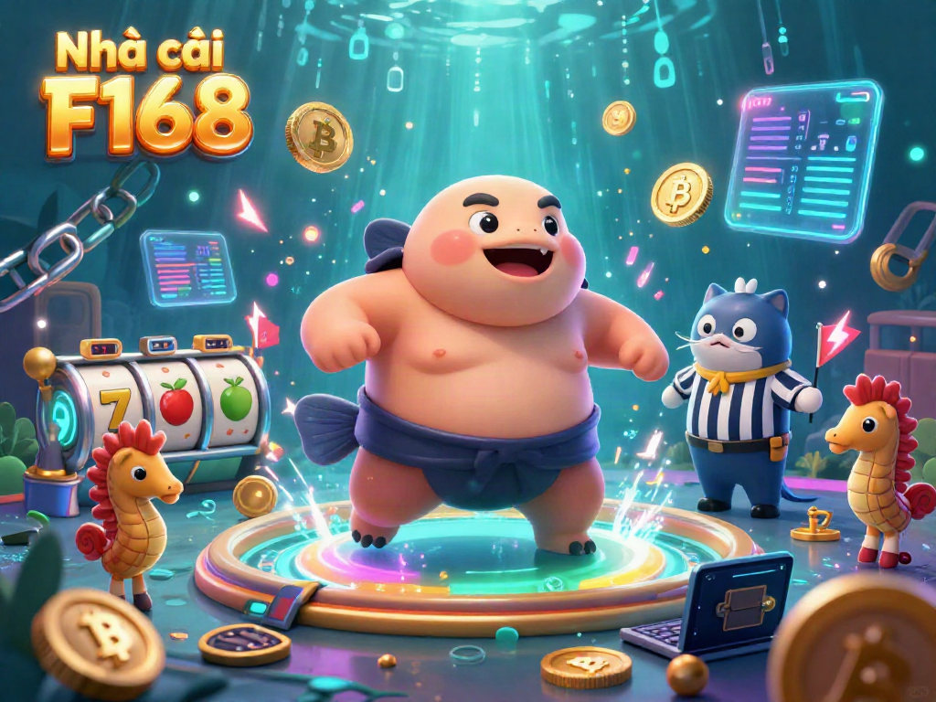 Engage with Nhà cái F168 through vibrant online casino action, featuring colorful slot machines and crypto elements.