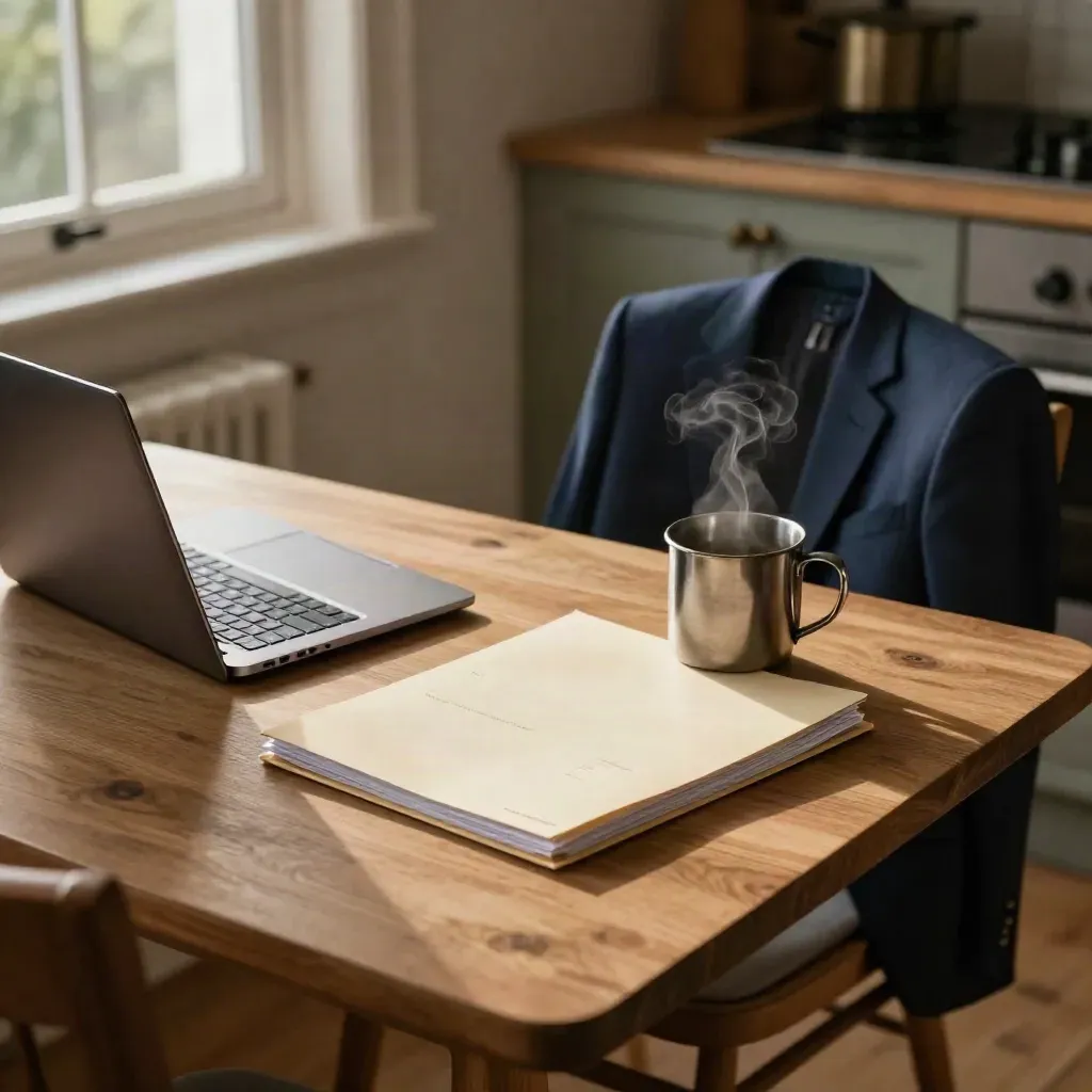 Keukentafel met laptop, blazer, map en dampende thee in avondlicht