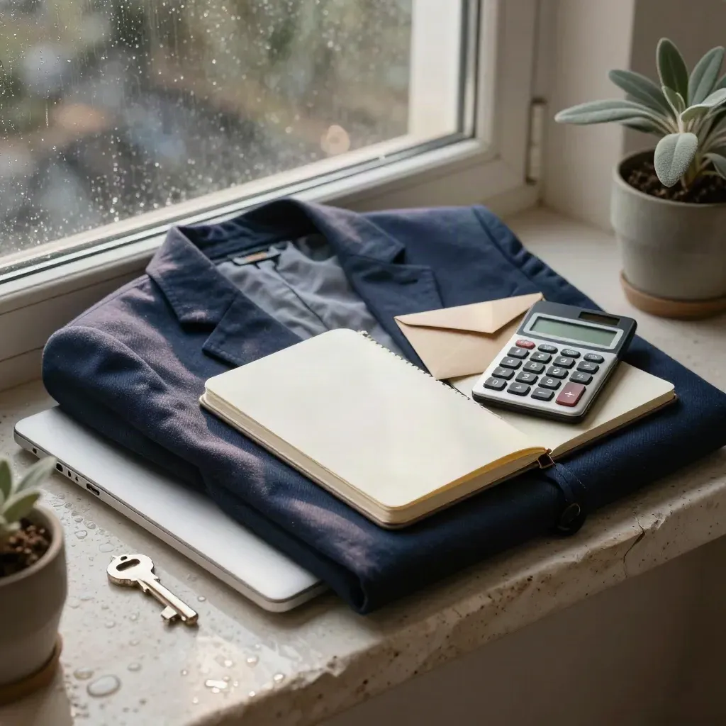 Werkkit met blazer, laptop, notitieboek, kaart en envelop op natte steen bij raamlicht.