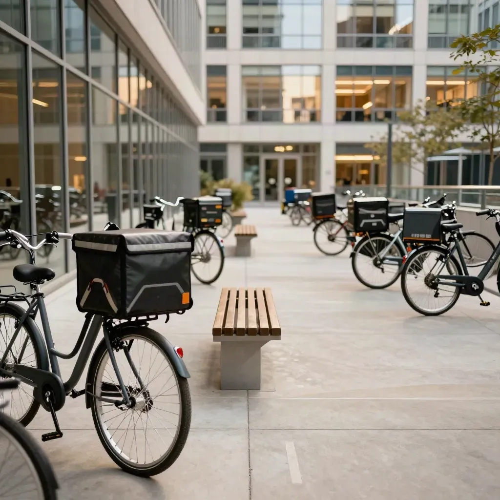 Stille kantoorplaza met bezorgfietsen, bankje en glazen gevels in zacht middaglicht