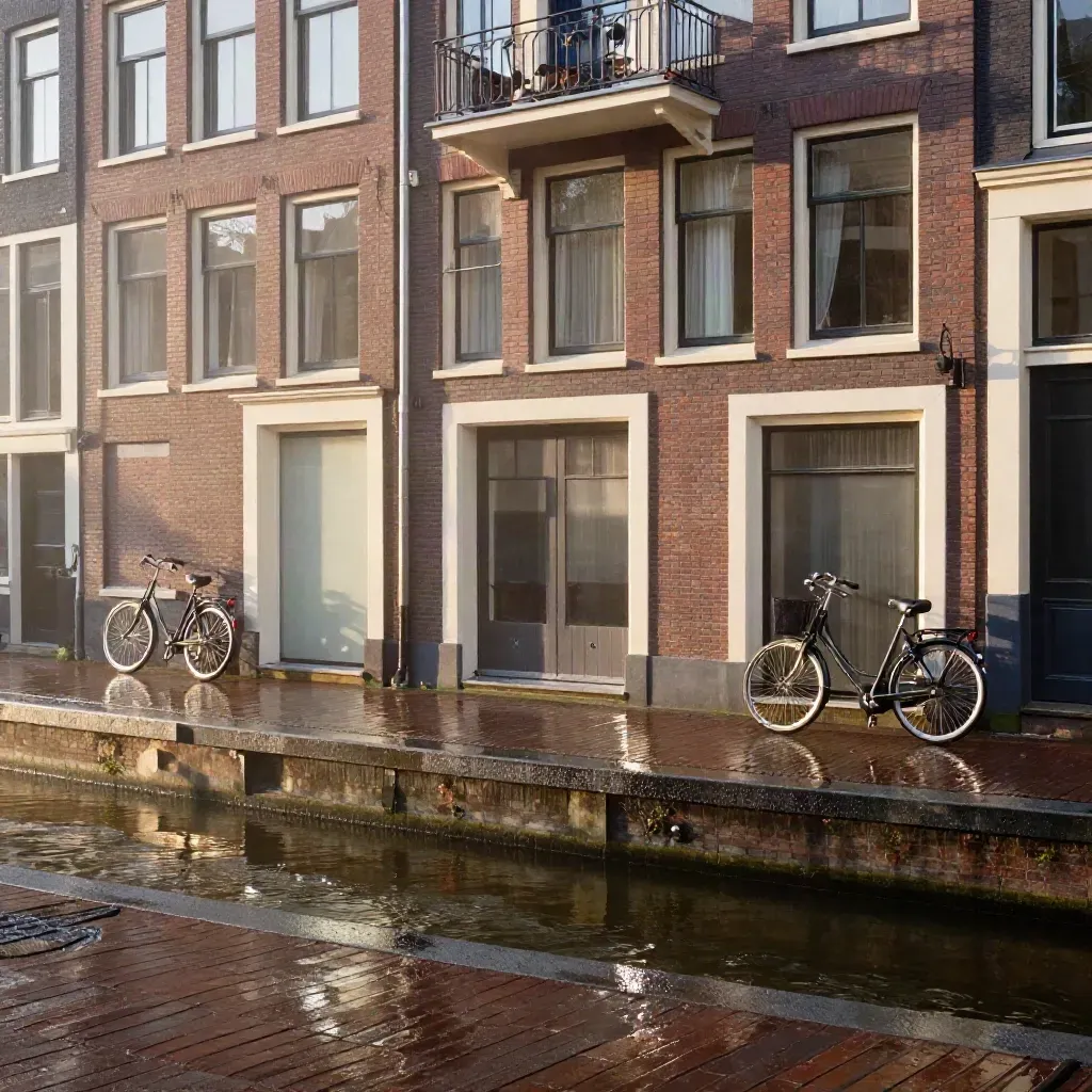 Amsterdamse grachtgevel met natte klinkers, fietsen en ochtendmist langs het water.