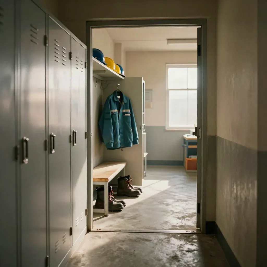 Tidy personeelsingang met lockers, helmen op planken en een hangende werkjas in warm licht.