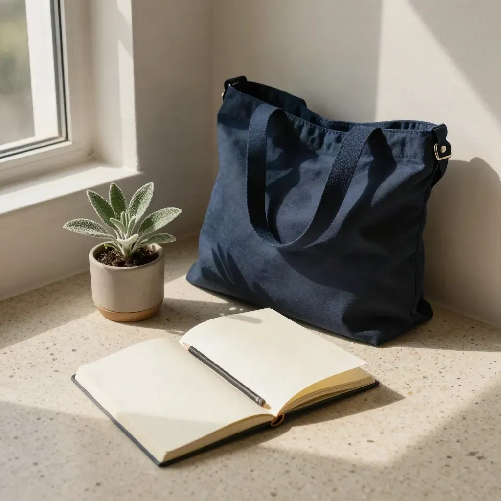 Bovenaanzicht van een startershoek met notitieboek, potlood, plant en reistas bij een muur.