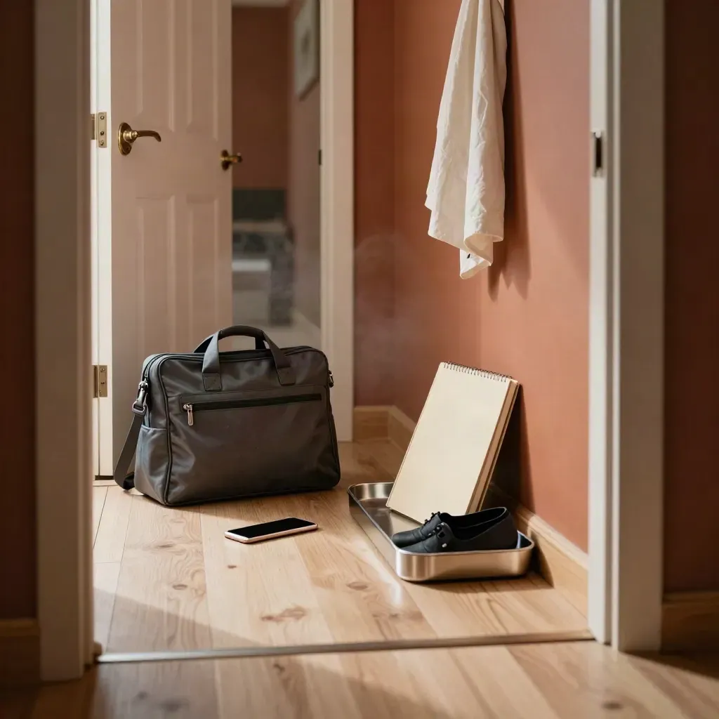 Hal met laptoptas, telefoon, notitieboek en jas bij de voordeur in ochtendlicht
