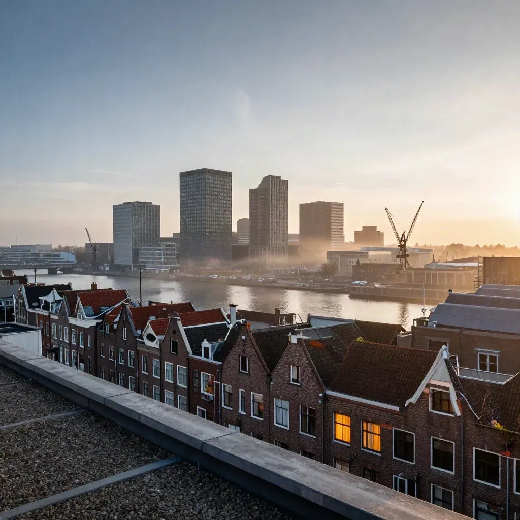 Amsterdamse skyline bij dageraad met kranen, grachtenwater en zachte mist vanaf een dakterras.