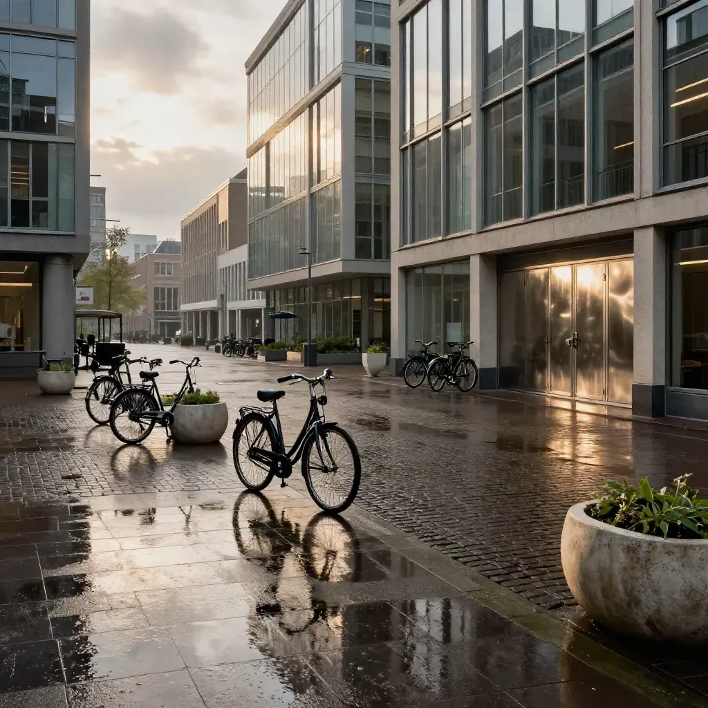 Regenachtige binnenplaats in Den Haag met fietsen, glasgevels en natte bestrating in zacht licht.