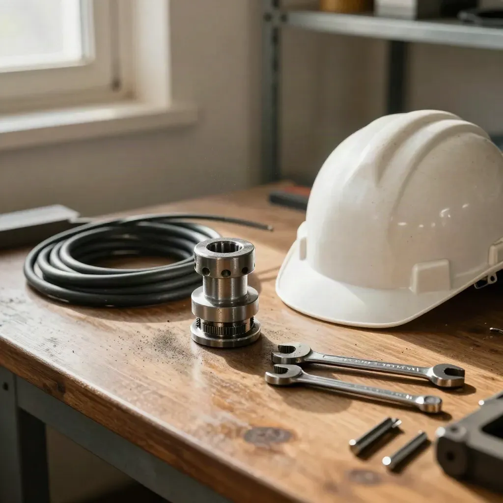 Werkbank met metalen onderdeel, kabel, helm en gereedschap in zacht werkplaatslicht.