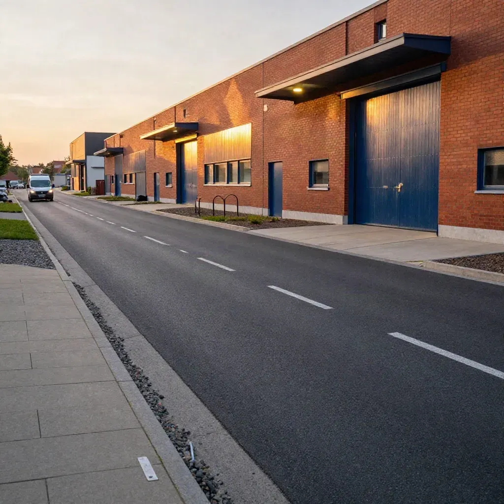 Industrieel terrein in Noord-Brabant met loodsen, laadperrons en een fietsrek bij warm avondlicht.