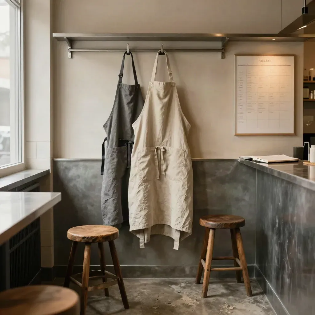 Kleine café-achterruimte met schorten, kruk en een halfgesloten notitieboek in stoomlicht.