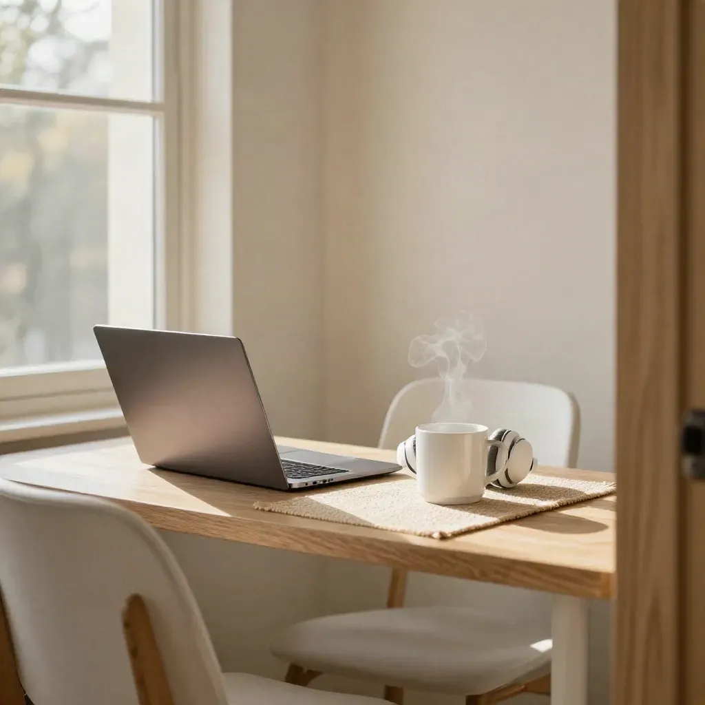 Stil thuiswerkhoekje met laptop, headset, mok en zonlicht op een stoel