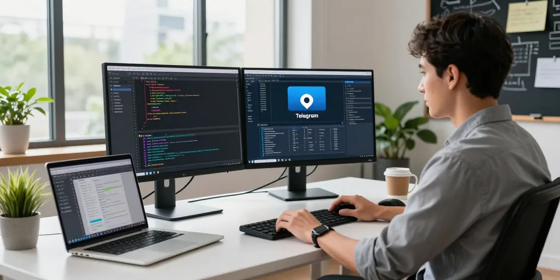 Developer setting up Telegram Chinese Version in a modern workspace.