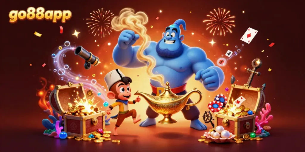 Experience the enchanting world of go88app with a vibrant casino-themed 3D illustration featuring a magical genie.