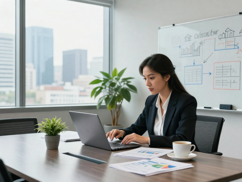 Zakelijk krediet voordelen in een moderne kantooromgeving met een zakelijke vrouw die financiële gegevens analyseert.